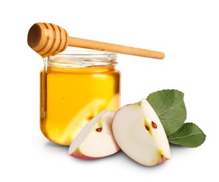 Image of Honey in glass jar, cut apple and dipper isolated on white