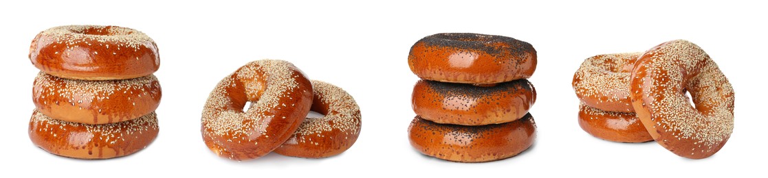 Image of Set with tasty fresh bagels on white background. Banner design