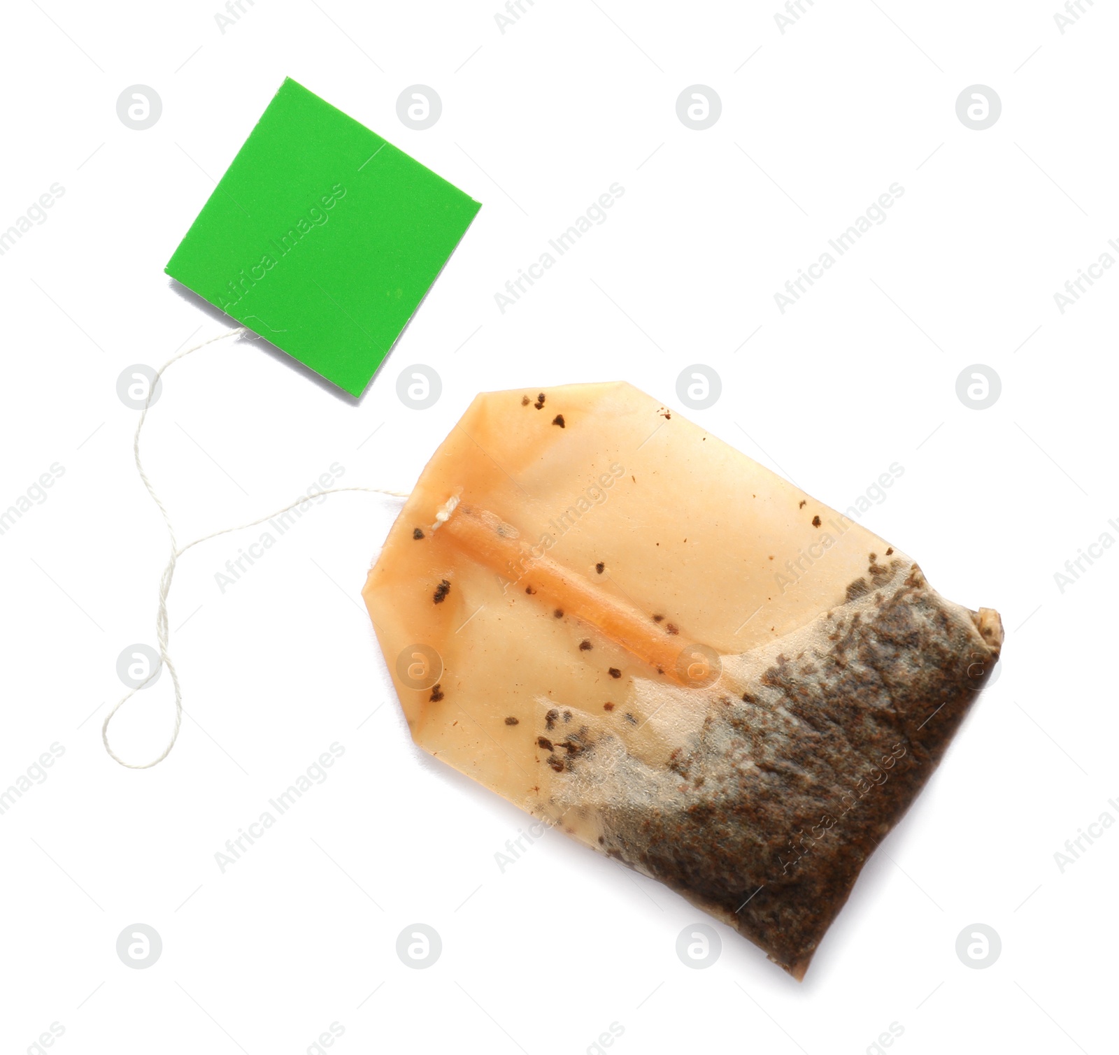 Photo of Used tea bag on white background, top view. Mockup for design