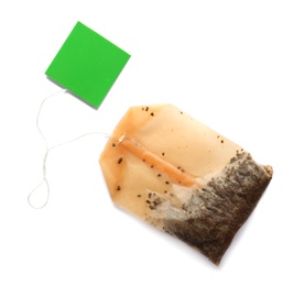 Used tea bag on white background, top view. Mockup for design