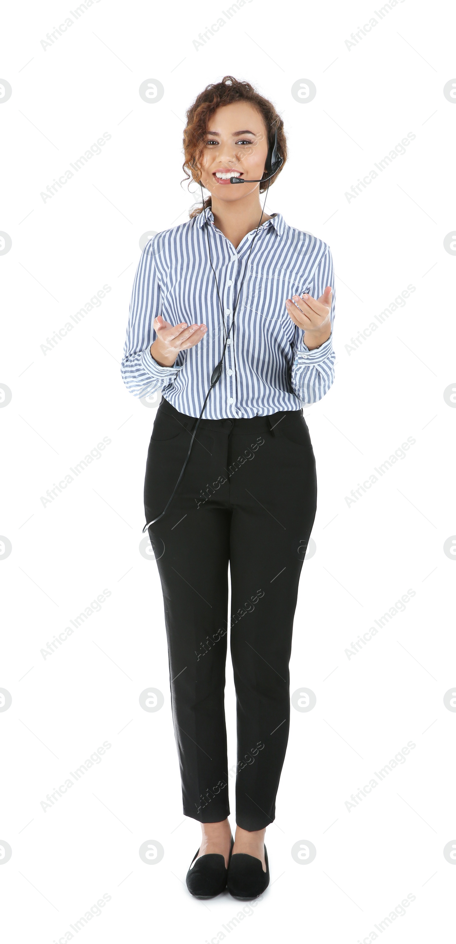 Photo of African-American technical support operator with headset isolated on white