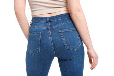 Woman in stylish jeans on white background, closeup