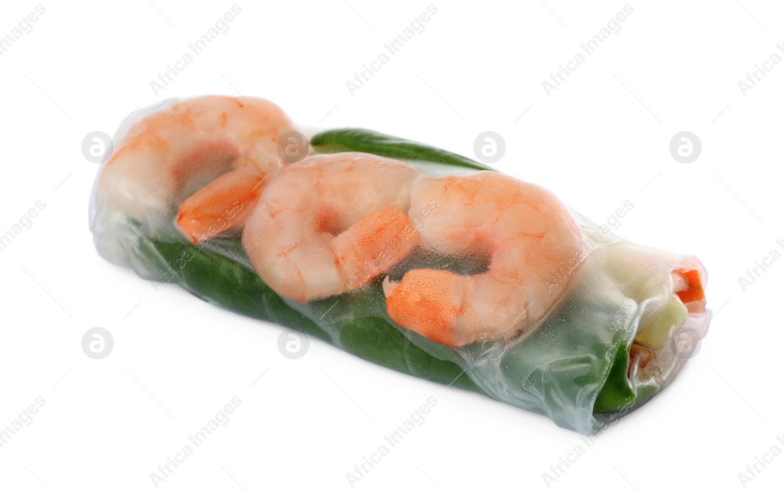 Photo of Spring roll with shrimps wrapped in rice paper isolated on white