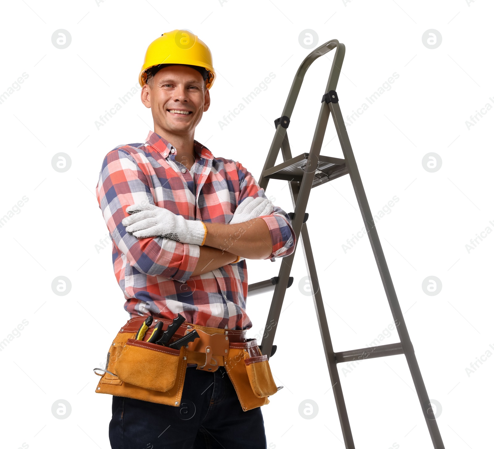 Photo of Professional constructor near ladder on white background