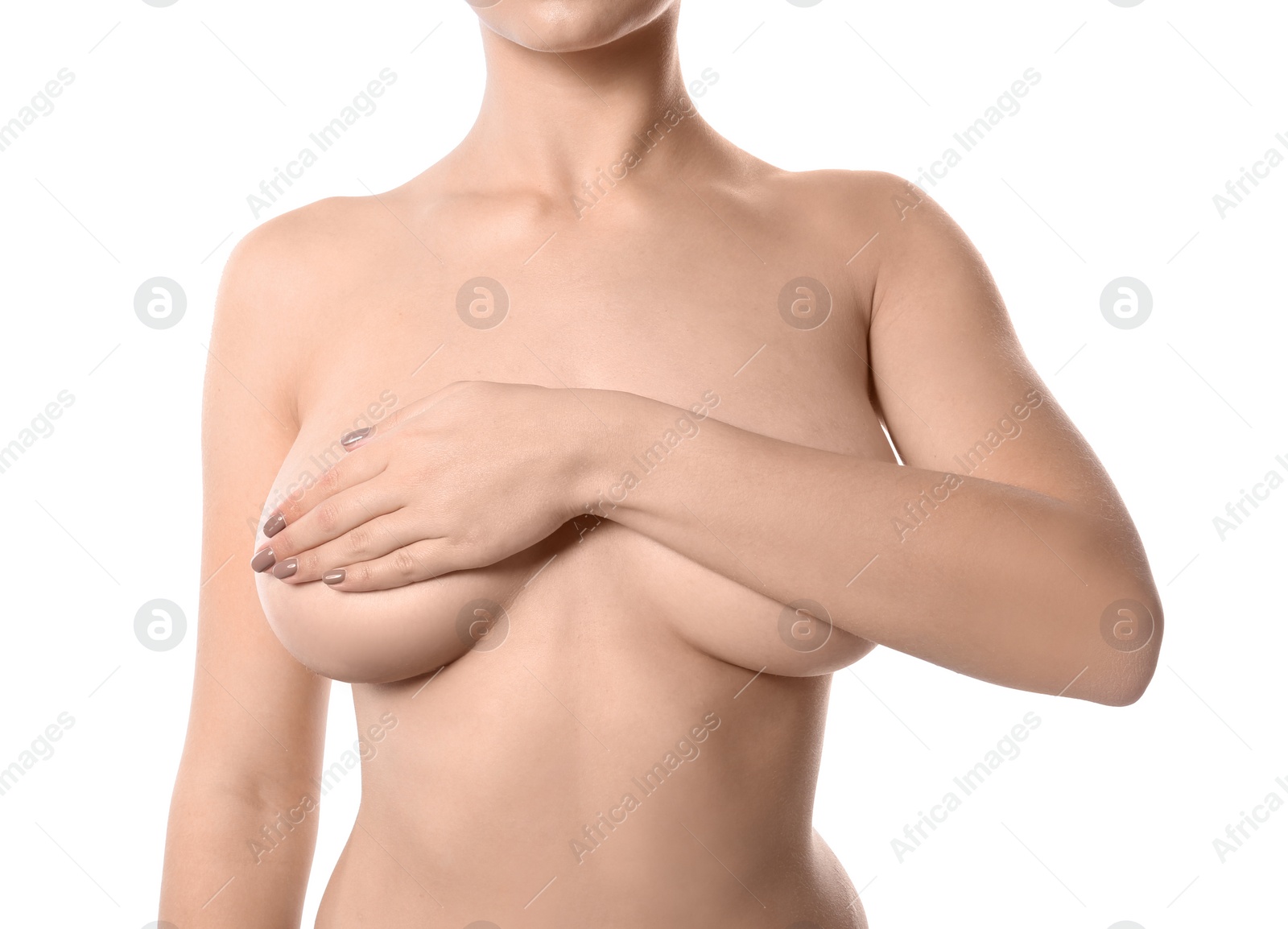 Photo of Woman covering her breast on white background, closeup. Self examination