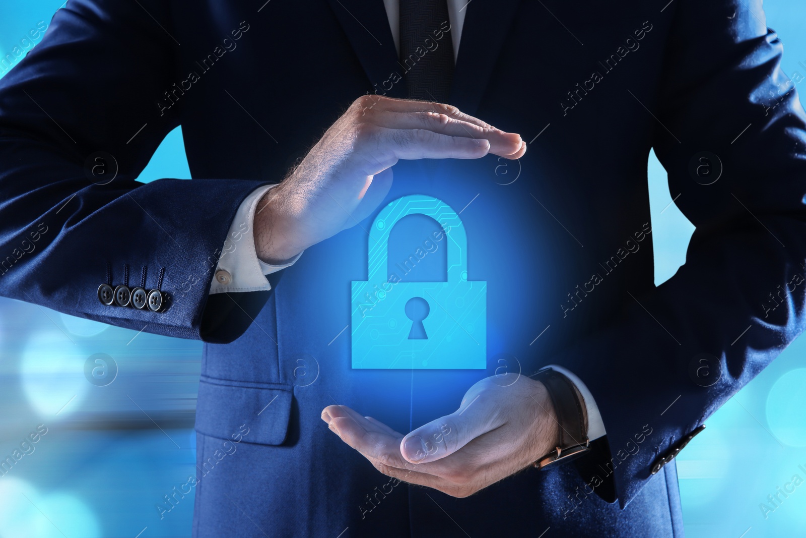 Image of Cyber security concept. Man holding virtual icon of padlock on color background, closeup