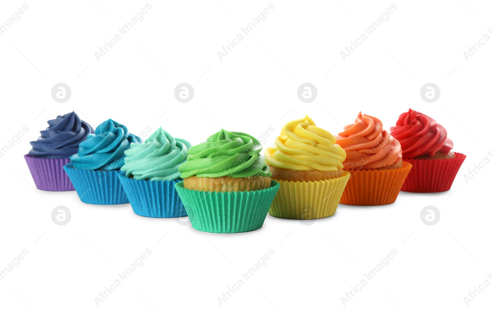 Photo of Delicious birthday cupcakes decorated with cream isolated on white