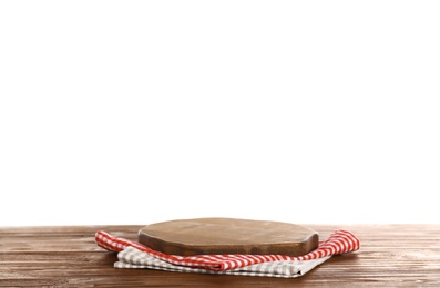 Photo of Wooden board and napkins on table against white background