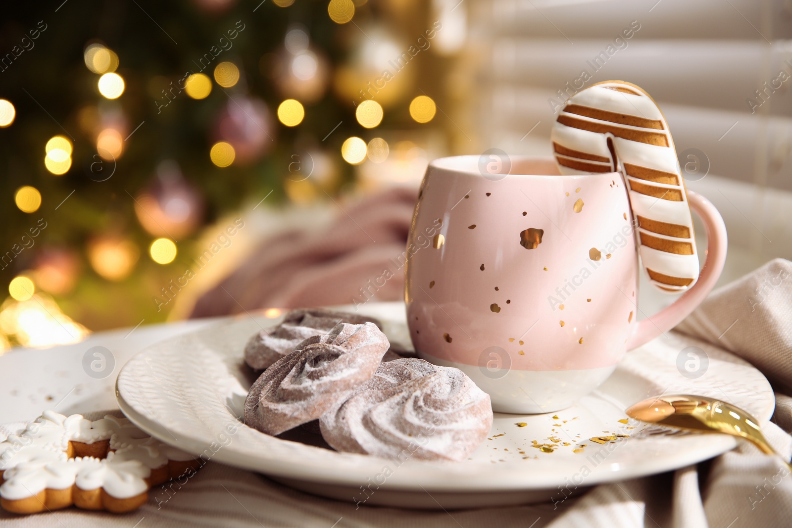 Photo of Composition with cup of hot drink on windowsill