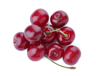 Photo of Bunch of juicy cherries on white background, top view