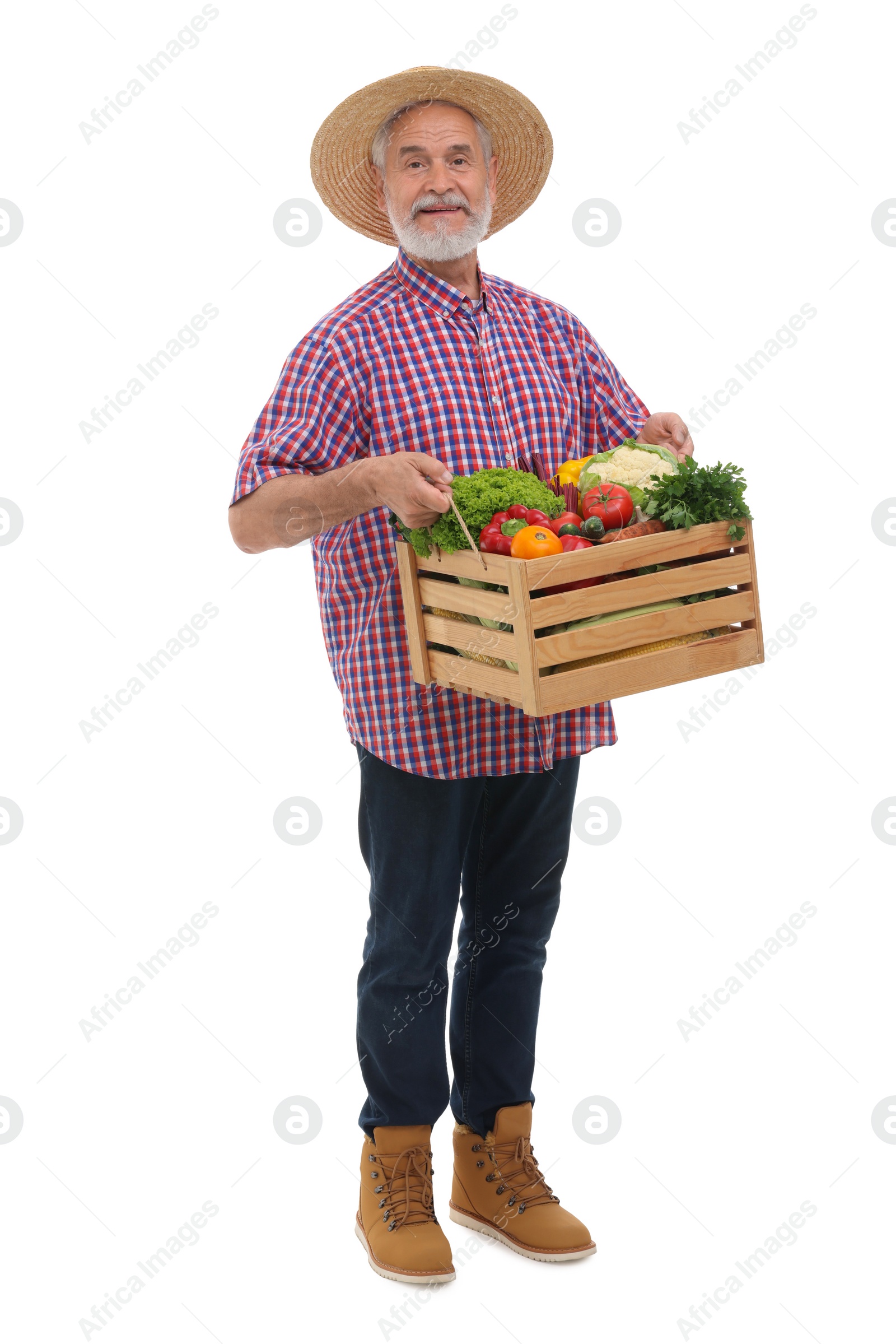 Photo of Harvesting season. Farmer holding wooden crate with vegetables on white background