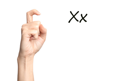 Image of Woman showing letter X on white background, closeup. Sign language