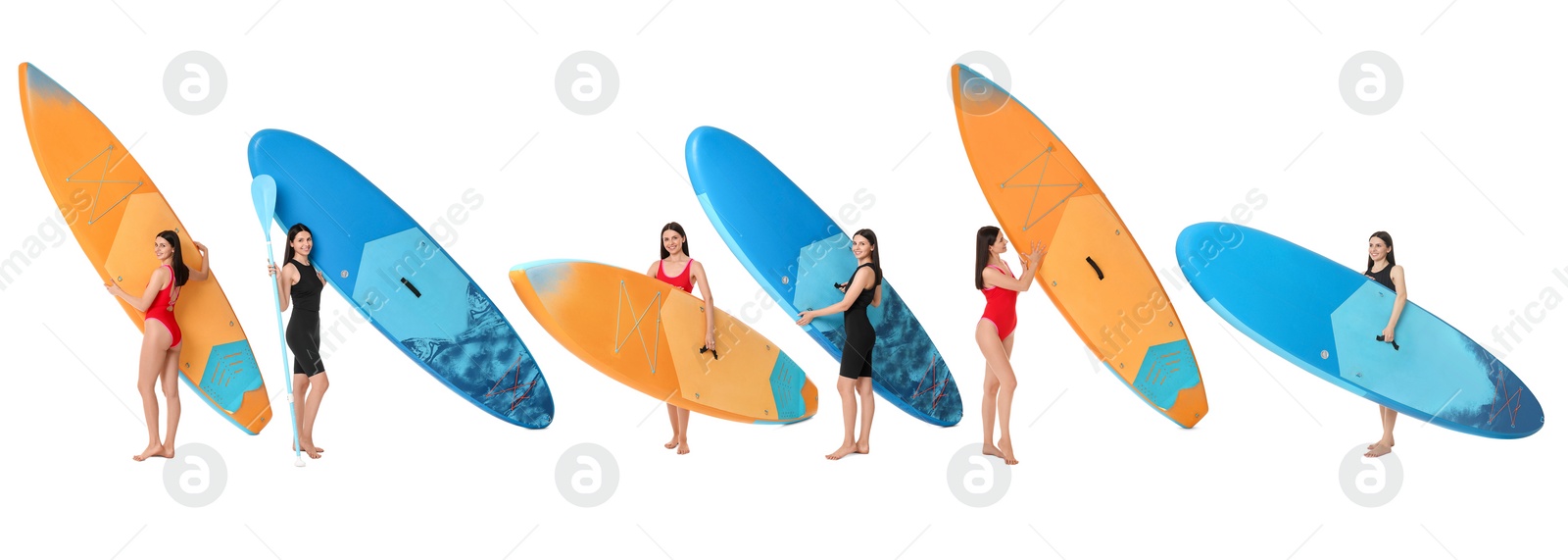 Image of Photos of young woman with sup boards isolated on white, collage