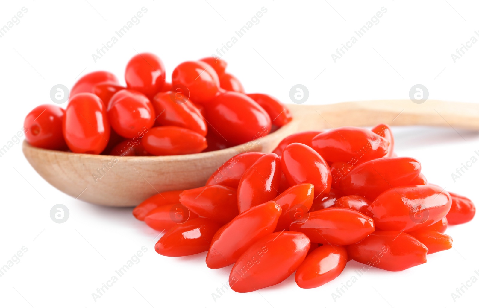 Photo of Fresh ripe goji berries and wooden spoon on white background