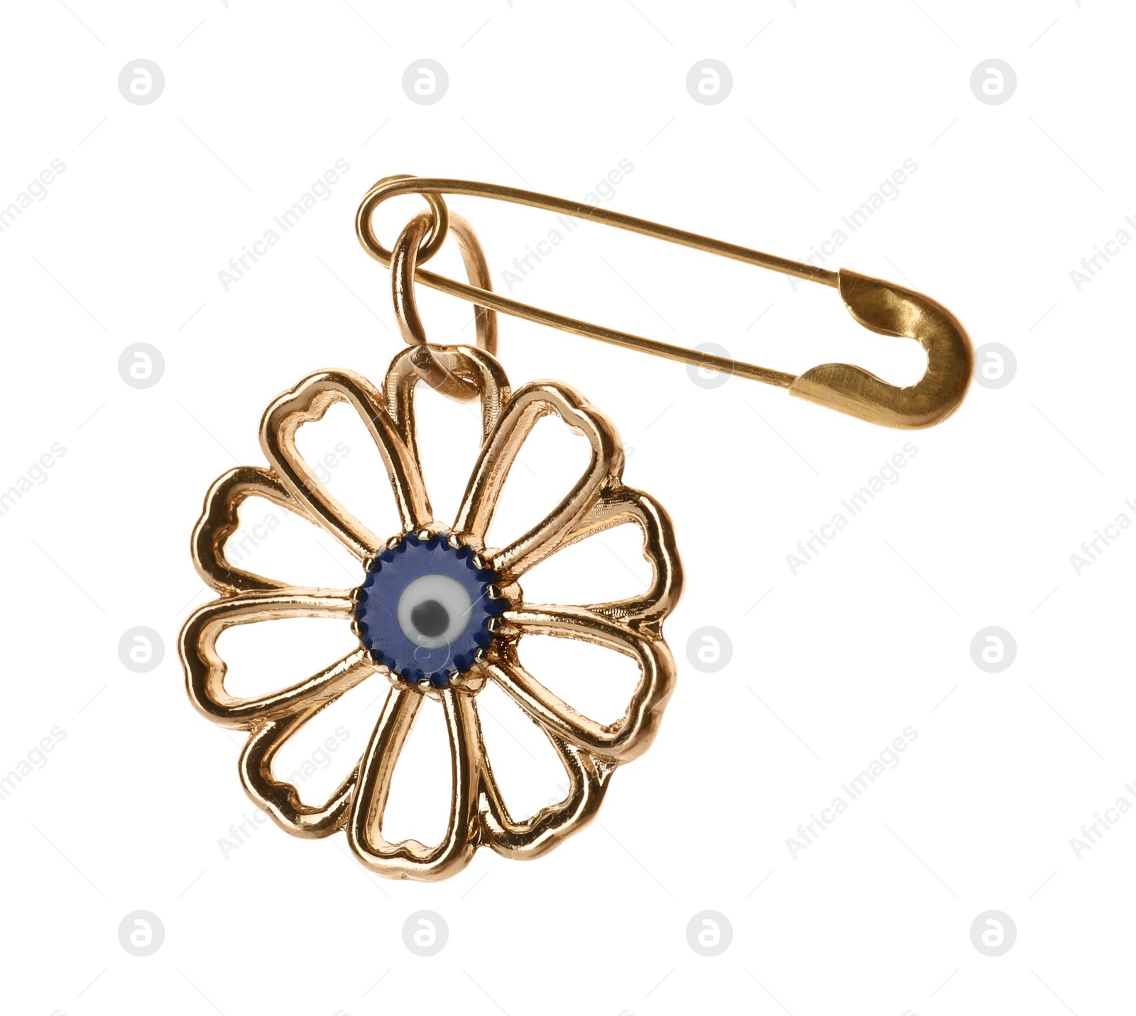 Photo of Evil eye safety pin on white background