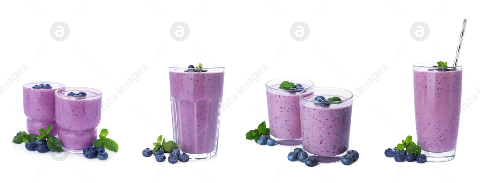 Image of Set with glasses of blueberry smoothie, fresh berries and mint on white background. Banner design