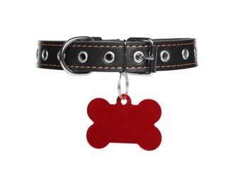Black leather dog collar with bone shaped tag isolated on white