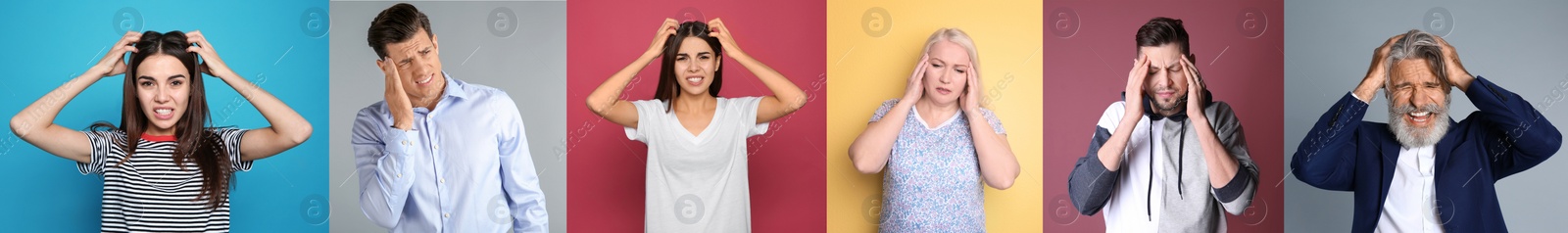 Image of Collage with stressed people on different color backgrounds. Banner design