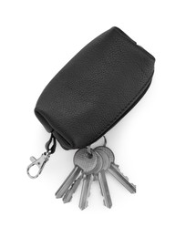 Leather case with keys isolated on white, top view