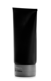 Photo of Black tube with space for design on white background. Men's cosmetic product