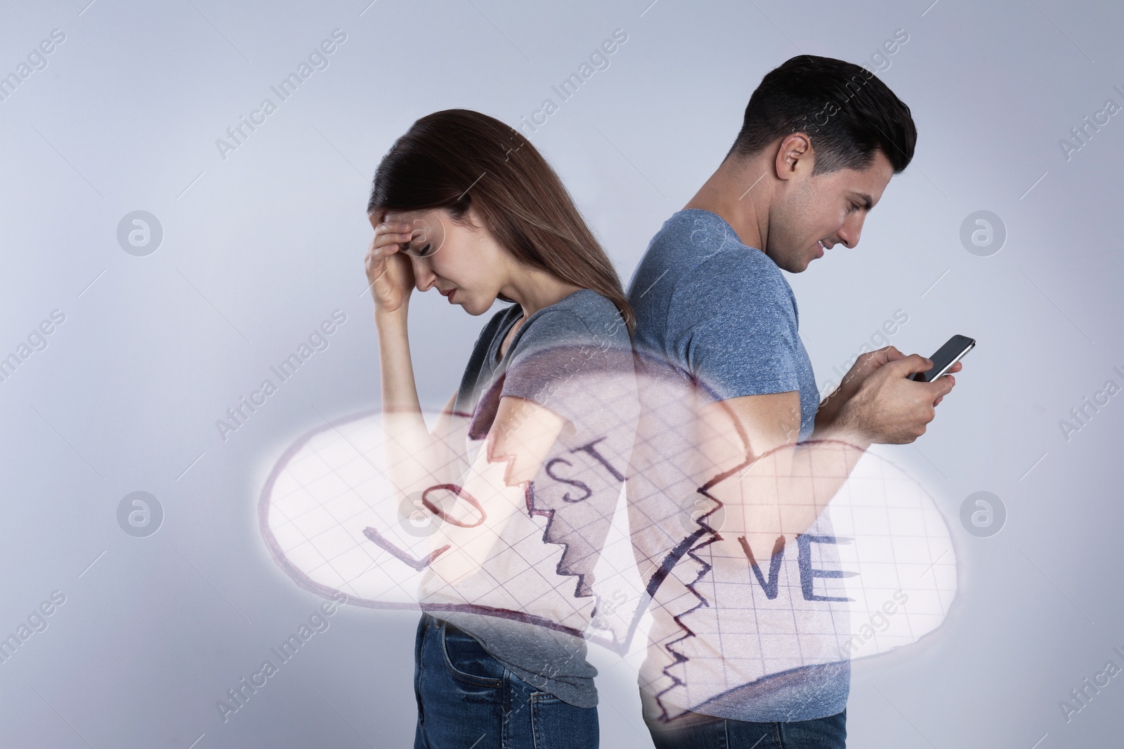 Image of Double exposure of couple with relationship problems and broken paper heart