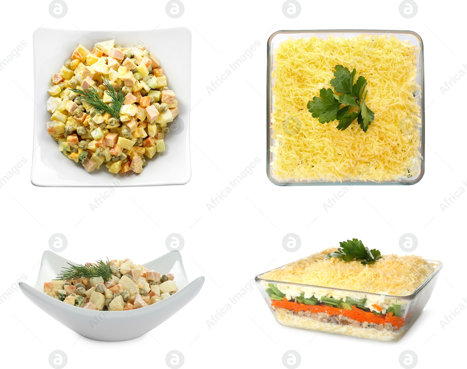 Image of Set of traditional russian salads on white background