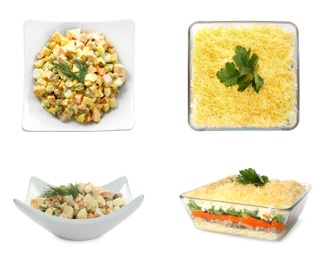 Image of Set of traditional russian salads on white background