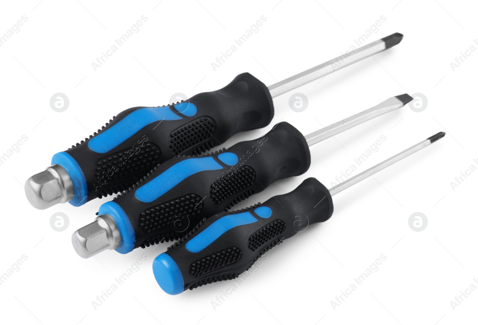 Photo of Set of screwdrivers with blue handles isolated on white