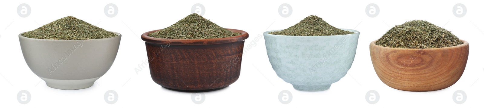 Image of Set with bowls of dry dill on white background. Banner design