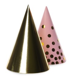 Photo of Colorful party hats on white background. Festive items