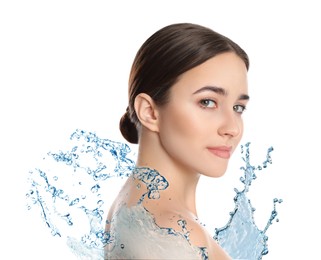 Portrait of beautiful young woman with perfect moisturized skin and splashing water