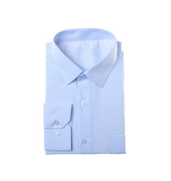 Photo of Stylish shirt isolated on white, top view. Dry-cleaning service