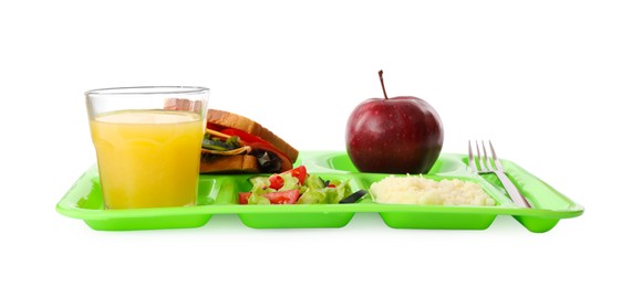 Photo of Tray with tasty food and juice on white background. School lunch