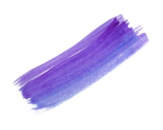 Photo of Purple paint stroke drawn with brush on white background, top view