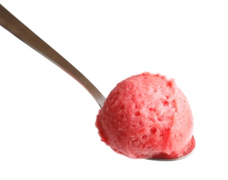 Photo of Spoon with scoop of delicious strawberry ice cream on white background