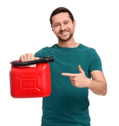 Photo of Man pointing at red canister on white background