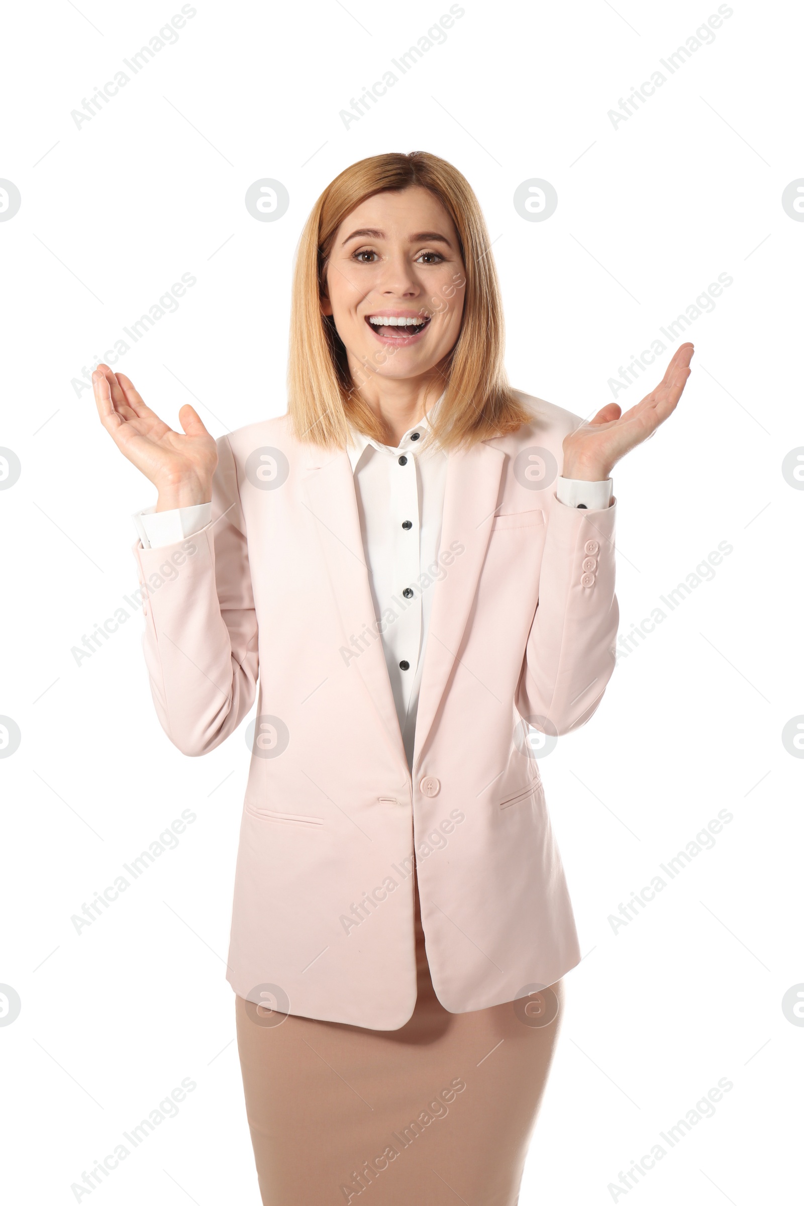 Photo of Portrait of emotional successful businesswoman on white background