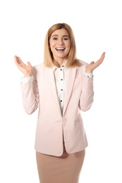 Portrait of emotional successful businesswoman on white background