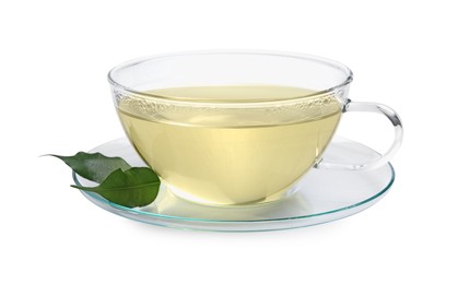 Refreshing green tea in cup and leaves isolated on white