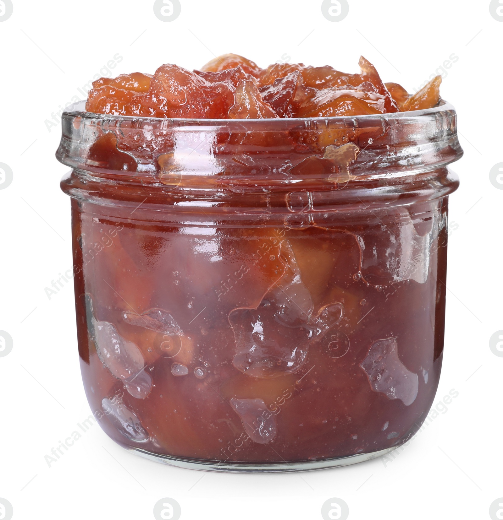 Photo of Glass jar of delicious apple jam isolated on white