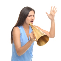 Photo of Young woman using megaphone on white background