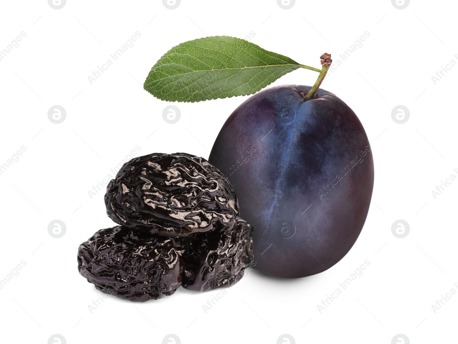 Image of Delicious fresh ripe plum and sweet dried prunes on white background 