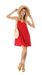 Photo of Young woman wearing stylish red dress on white background