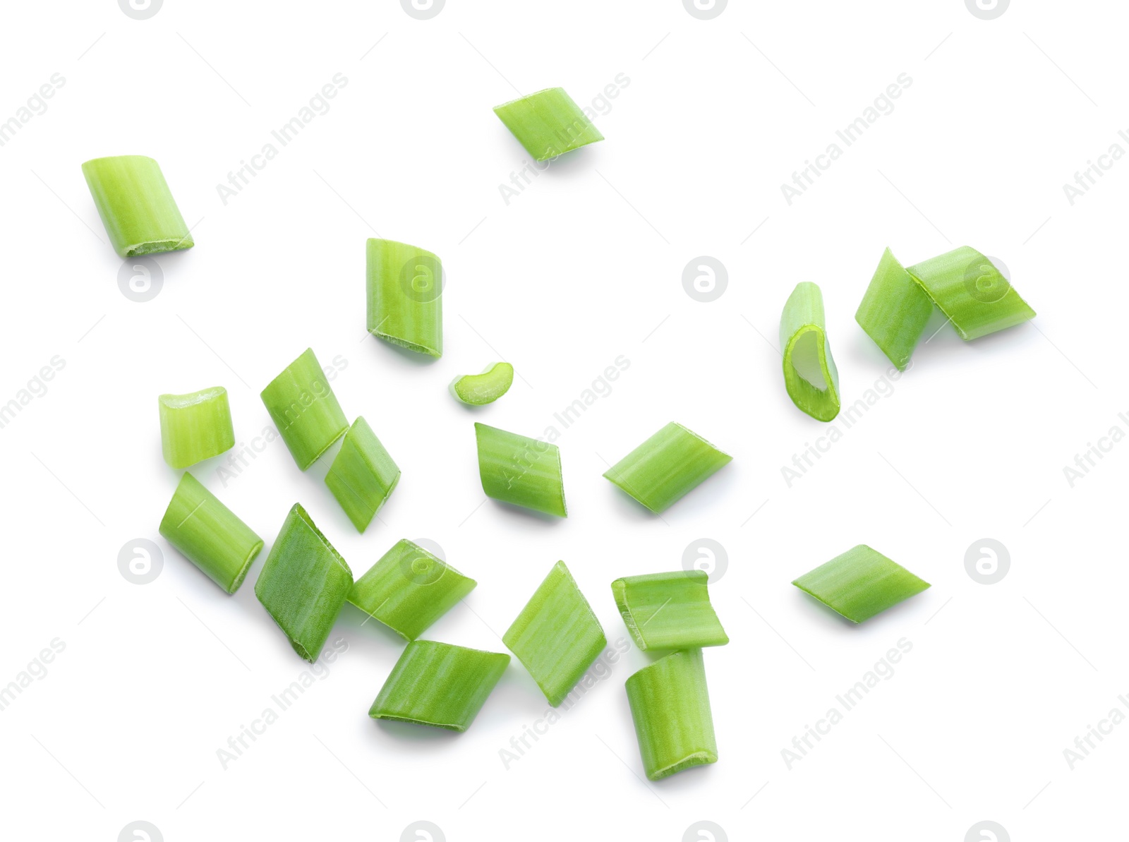 Photo of Fresh chopped green onion isolated on white, top view