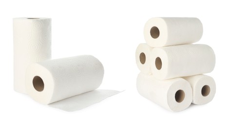 Image of Set of paper towels on white background