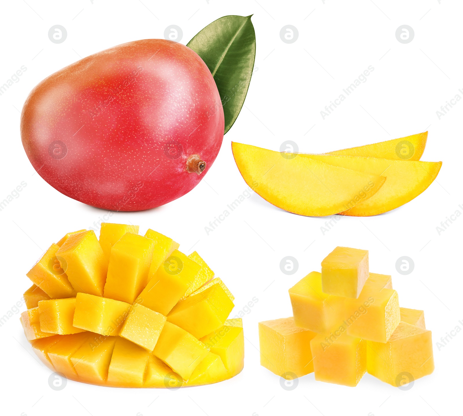 Image of Set with delicious ripe mangos on white background