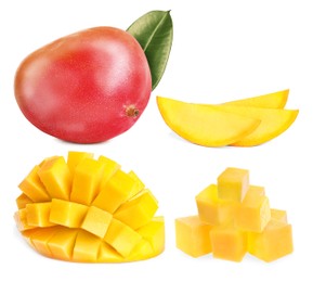 Image of Set with delicious ripe mangos on white background