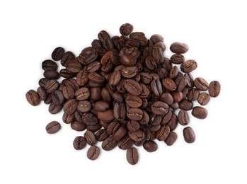 Photo of Pile of roasted coffee beans on white background, top view