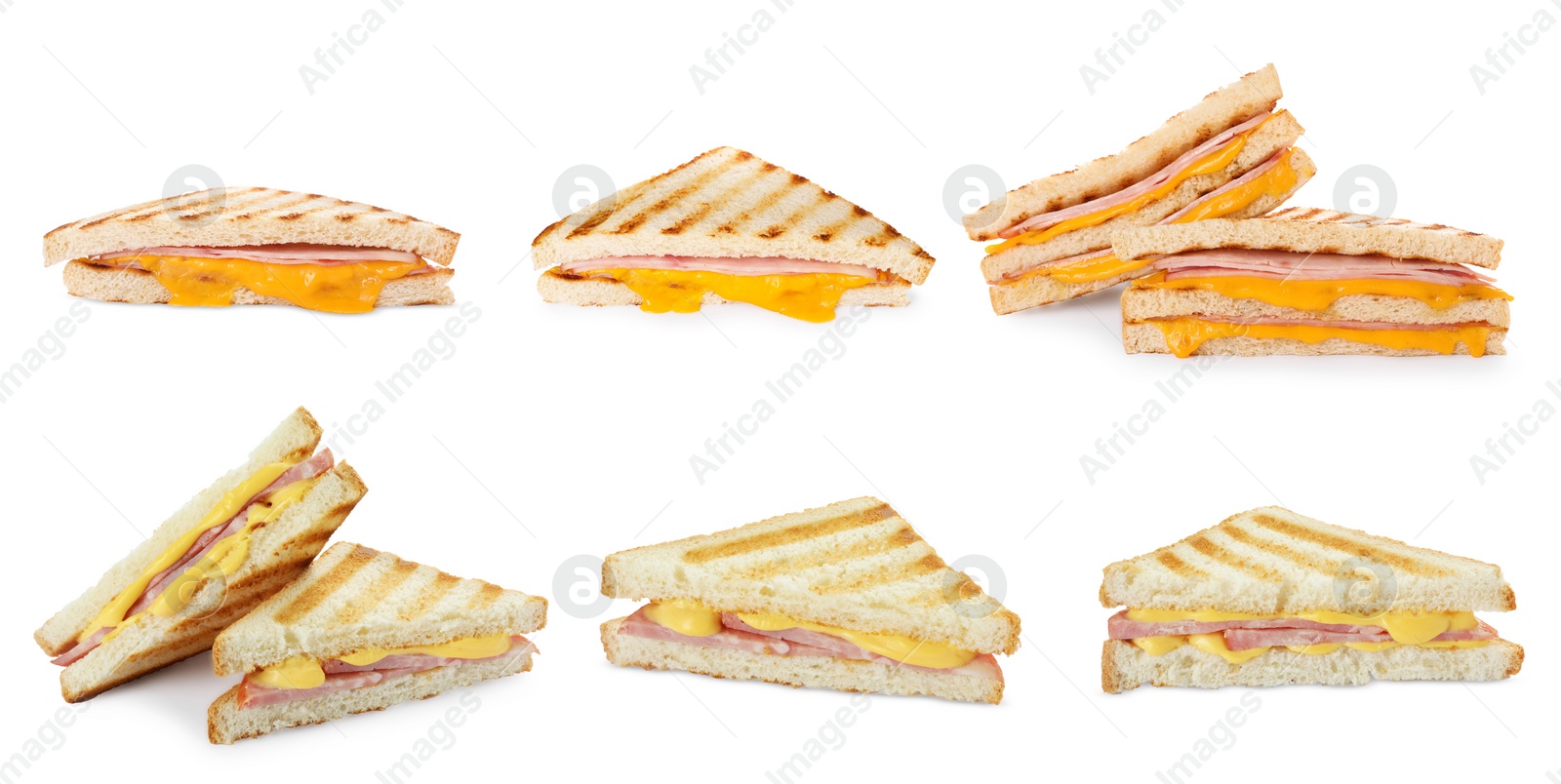 Image of Tasty grilled sandwiches with ham and melted cheese isolated on white, collection