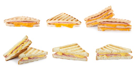 Image of Tasty grilled sandwiches with ham and melted cheese isolated on white, collection